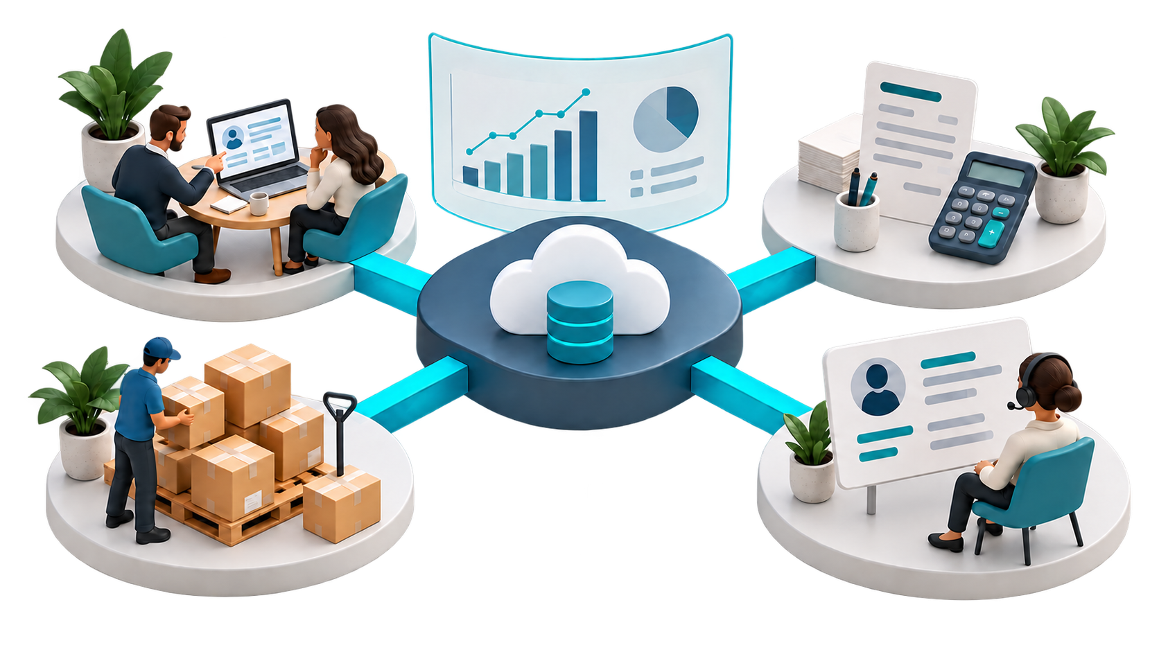Sales, accounting, fulfillment, and customer support connected through a central cloud system, with shared leadership reporting.
