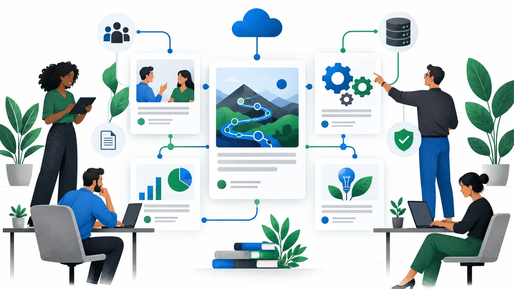 Business processes, people, data, and technology connected across a collection of practical articles