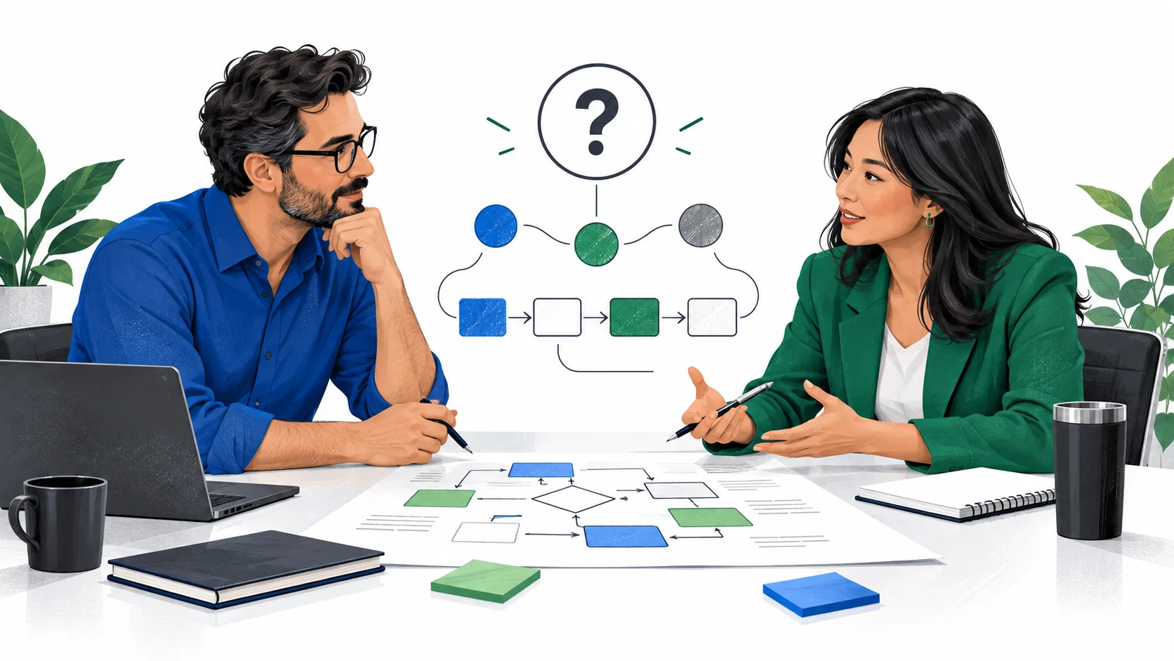 Two professionals discussing a business process and the question the technology must answer